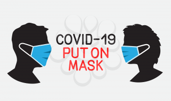 Coronavirus prevention put on mask sign. Wear medical protection sticker with text message. Stop virus label. Covid-19 microbe infection danger template. Flu defense symbol icon