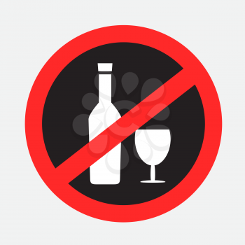Drinking wine alcoholic drinks forbidden sign isolated on gray background. No alcohol drink area symbol. Booze prohibited dark sticker