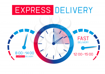 Fast delivery infographics with text and speedometer on white background. Shipping transportation sign symbol concept. Auto vehicle panel clock and speed arrow means express deliver and hours of work