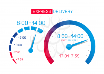 Shipping delivery infographics with text and speedometer on white background. Fast transportation sign symbol concept. Auto vehicle panel clock and speed arrow means express deliver and hours of work