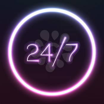 Neon sign work 24 hours 7 days a week. light lamp circle frame shape template. Pink blue purple glowing outline banner. Night color round sign on dark background