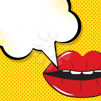 Open Red Lips with Speech Bubble Pop Art Background On Dot Background Vector Illustration EPS10