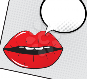 Open Red Lips with Speech Bubble Pop Art Background On Dot Background Vector Illustration EPS10