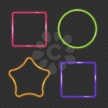 Neon Frame, Rectangular, Star and Round Buttons on Checkered  Abstract Transparent Background. Vector Illustration. EPS10