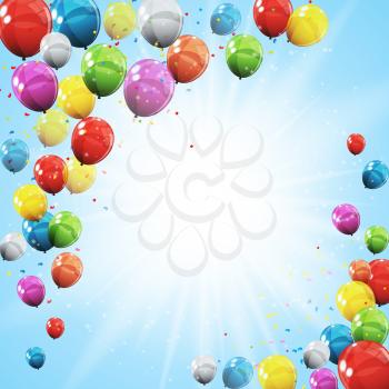 Group of Colour Glossy Helium Balloons Isolated on Sky Natural Background. Vector Illustration EPS10