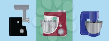 Set of Kitchen appliances. Electric mixer, meat mincer, food processor. Vector Illustration. EPS10