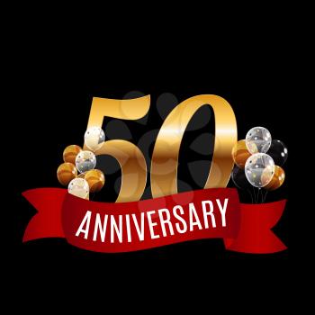 Golden 50 Years Anniversary Template with Red Ribbon Vector Illustration EPS10
