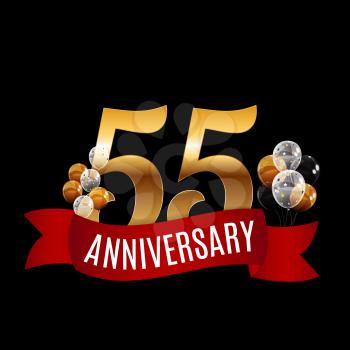 Golden 55 Years Anniversary Template with Red Ribbon Vector Illustration EPS10
