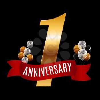 Golden 1 Years Anniversary Template with Red Ribbon Vector Illustration EPS10
