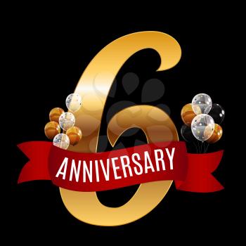 Golden 6 Years Anniversary Template with Red Ribbon Vector Illustration EPS10
