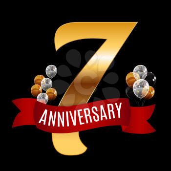 Golden 7 Years Anniversary Template with Red Ribbon Vector Illustration EPS10
