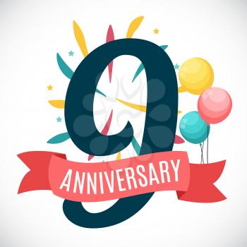 Anniversary 9 Years Template with Ribbon Vector Illustration EPS10