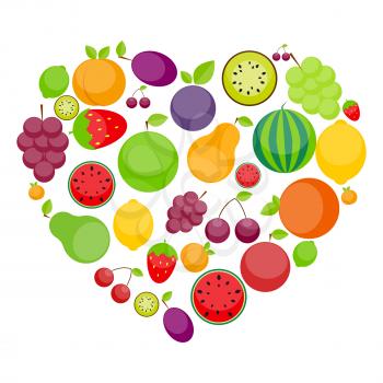 Apple, Orange, Plum, Cherry, Lemon, Lime, Watermelon, Strawberries, Kiwi, Peaches, Grapes and Pear in Foarm of Heart. Love Fruits Concept. Vector Illustration. EPS10