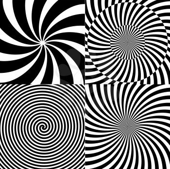Black and White Hypnotic Psychedelic Spiral with Radial Rays, Twirl Background Collection Set Pattern. Vector Illustration EPS10