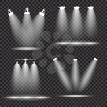 Set of Realistic Bright Projectors Lighting Lamp Collection with Spotlights Lighting Effects with Transparency Isolated on Transparent Background. Vector Illustration EPS10