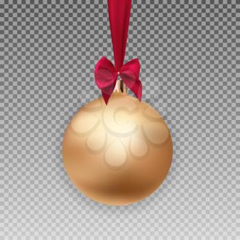 Gold Christmas Ball with Ball and Ribbon on Transparent Background Vector Illustration EPS10