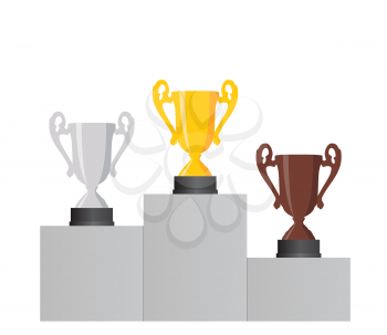 Pedestal with the cup winner of the first Gold , the second Silver and the third Bronze place on white background. Vector Illustration. EPS10