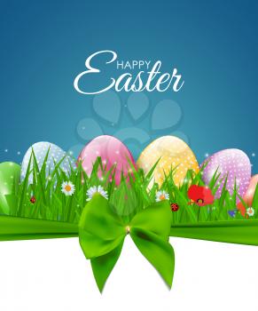 Happy Easter Natural Background with Eggs, grass, flower. Vector Illustration EPS10