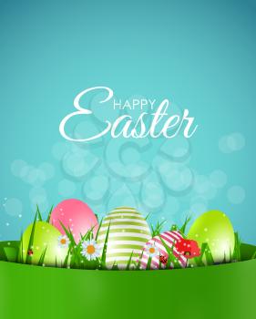 Happy Easter Natural Background with Eggs, grass, flower. Vector Illustration EPS10