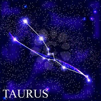 Taurus Zodiac Sign with Beautiful Bright Stars on the Background of Cosmic Sky Vector Illustration EPS10