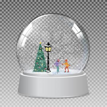 Snow glass globe with children skate  in winter for Christmas and New Year gift.Vector Illustration EPS10