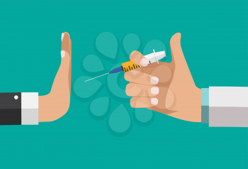 Refusing vaccine concept. Doctor hand offers gives medicines, but the patient refuses. Vector Illustration EPS10