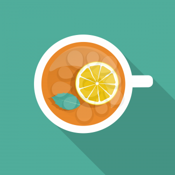 Tea Cup with Mint Leaf and Lemon Icon with Long Shadow. Vector Illustration EPS10