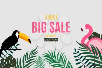 Abstract Summer Sale Background with Palm Leaves, Toucan and Flamingo. Vector Illustration EPS10