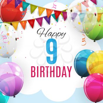 Cute Template 9 Years Anniversary. Group of Colour Glossy Helium Balloons Background. Vector Illustration EPS10