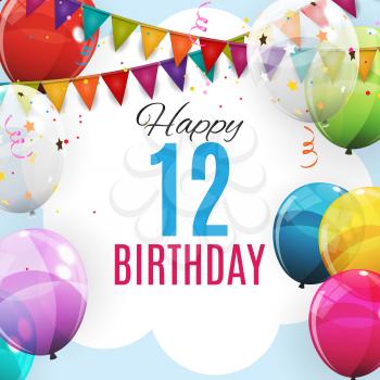 Cute Template 12 Years Anniversary. Group of Colour Glossy Helium Balloons Background. Vector Illustration EPS10