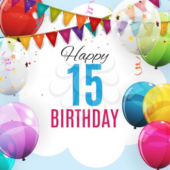 Cute Template 15 Years Anniversary. Group of Colour Glossy Helium Balloons Background. Vector Illustration EPS10