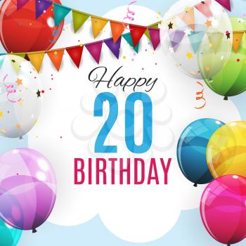 Cute Template 20 Years Anniversary. Group of Colour Glossy Helium Balloons Background. Vector Illustration EPS10