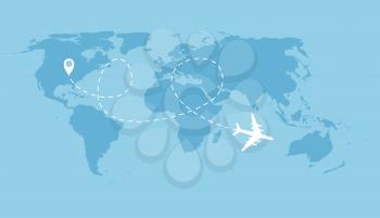 Airplane dotted flight background above world map. Vector Illustration EPS10 