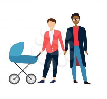 Two Gay Cartoon men couple with baby in a stroller. Vector Illustration EPS10