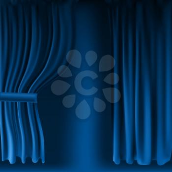Realistic colorful Blue velvet curtain folded. Option curtain at home in the cinema. Vector Illustration. EPS10