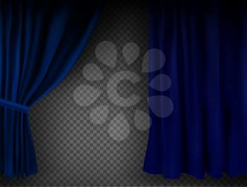 Realistic colorful blue velvet curtain folded on a transparent background. Option curtain at home in the cinema. Vector Illustration. EPS10