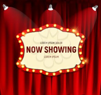 Realistic retro cinema Now Showing announcement board with bulb frame on curtains background. Vector Illustration EPS10
