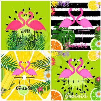Cute Pink Flamingo Summer Background Collection Set Vector Illustration EPS10