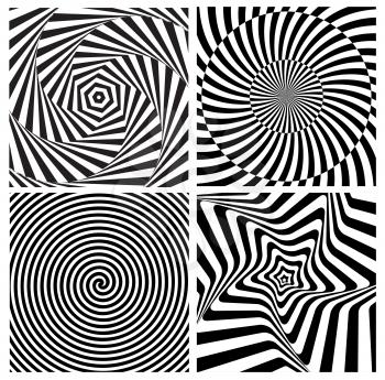 Black and White Hypnotic Psychedelic Spiral with Radial Rays, Twirl Background Collection Set Pattern. Vector Illustration EPS10