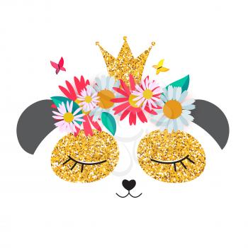 Little cute panda princess with crown and flowers  for card and shirt design. Vector Illustration EPS10