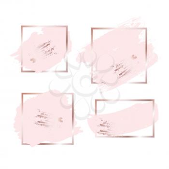 Brush strokes in rose gold pink tones and golden frame background. Vector Illustration EPS10