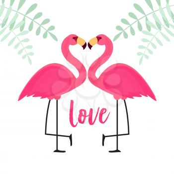 Cute Pink Flamingo in Love Background Vector Illustration EPS10
