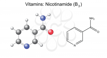 Structural chemical formula and model of niacinamide (nicotinamide, b3) vitamin, 2d and 3d illustration, isolated on white background, vector, eps 8