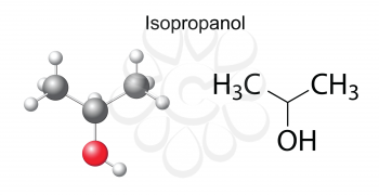 Structural chemical formula of isopropanol molecule, 2d and 3d illustration, isolated on white background, vector, eps 8