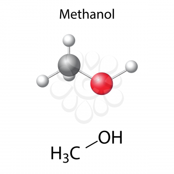 Structural chemical formula and model of methanol molecule, 2d and 3d illustration, isolated, vector, eps 8