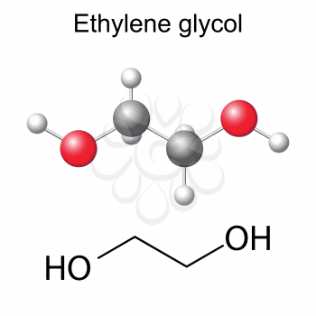 Structural chemical formula and model of ethylene glycol molecule, 2d and 3d illustration, isolated, vector, eps 8