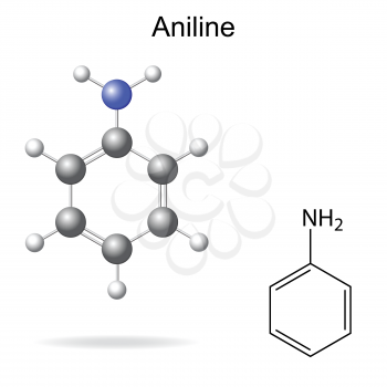 Structural chemical formula and model of aniline molecule, 2d and 3d illustration, isolated, vector, eps 8