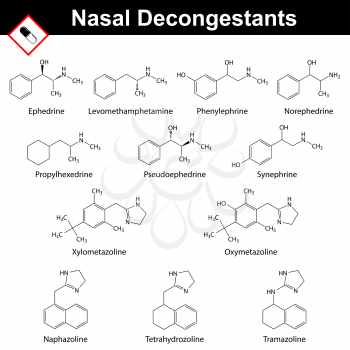 Nasal decongestant agents - structural chemical formulas, pharmaceutical formulations, 2d vector, isolated on white background, eps 8