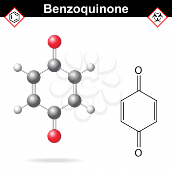 Benzoquinone - chemical formula and model, 2d and  3d vector isolated on white background, ball and stick style, eps 8