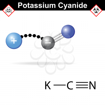 Potassium cyanide molecule, fatal poison structure and model, 2d & 3d vector isolated on white background, eps 8